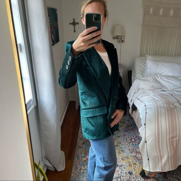 Free People Ashby Double Breasted Velvet Blazer Green Size Medium - Picture 3 of 10